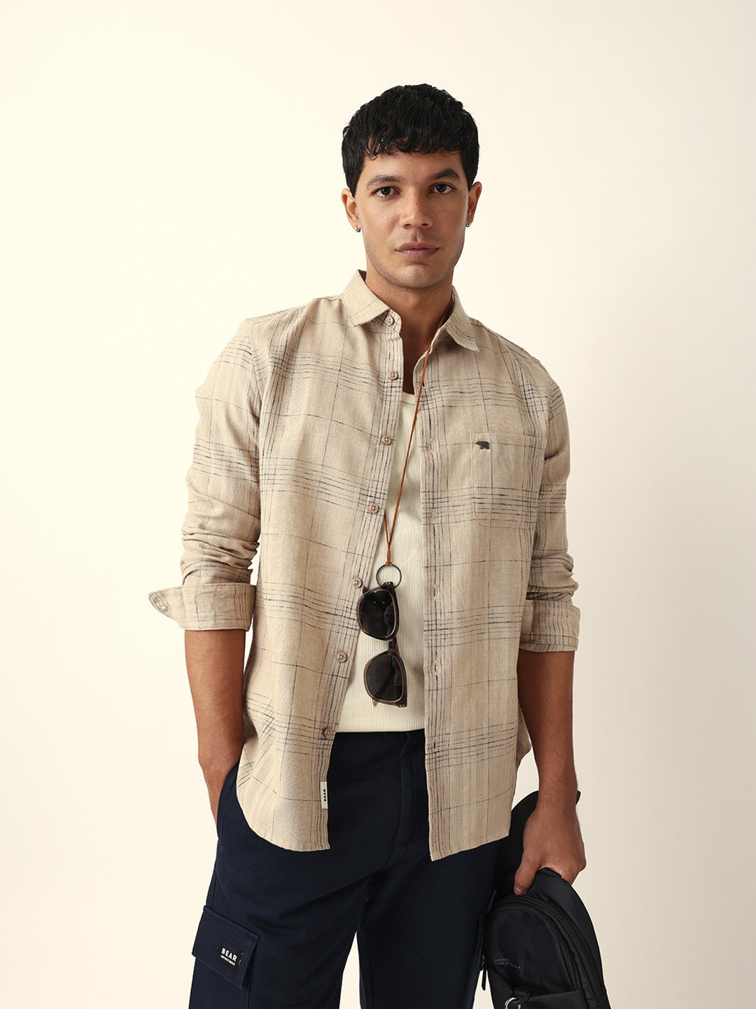 Beige Woven Checked Slim Fit Casual Shirt