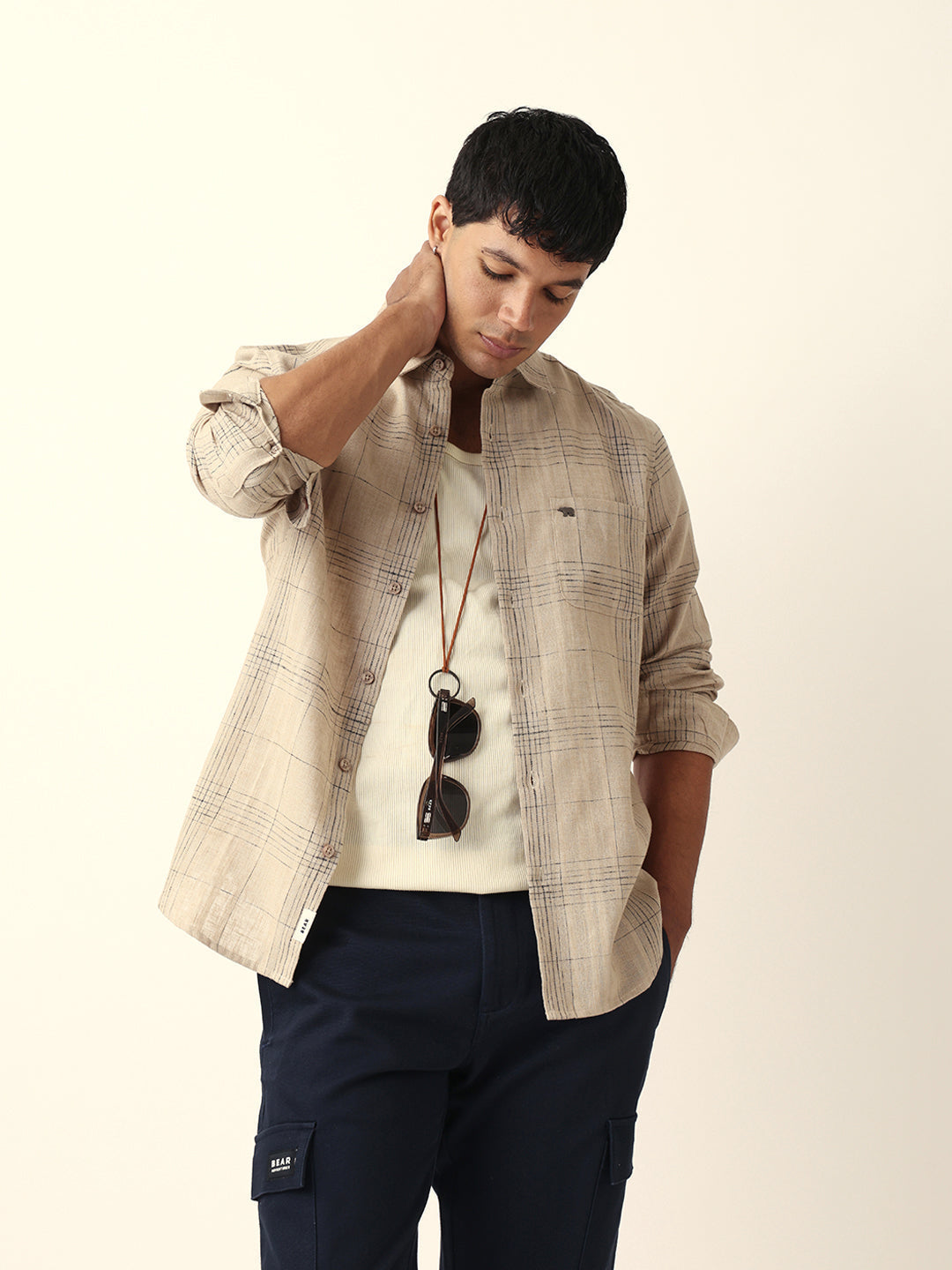 Beige Woven Checked Slim Fit Casual Shirt