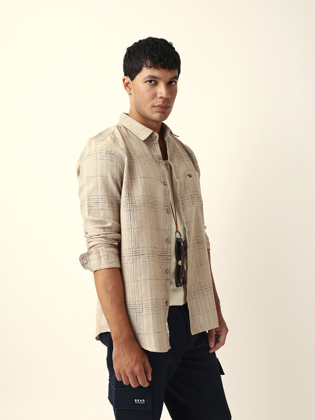 Beige Woven Checked Slim Fit Casual Shirt