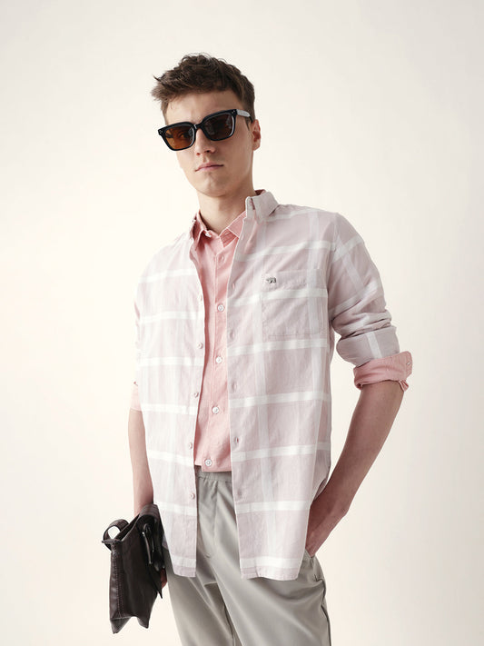 Light Pink Woven Windowpane Check Slim Fit Casual Shirt