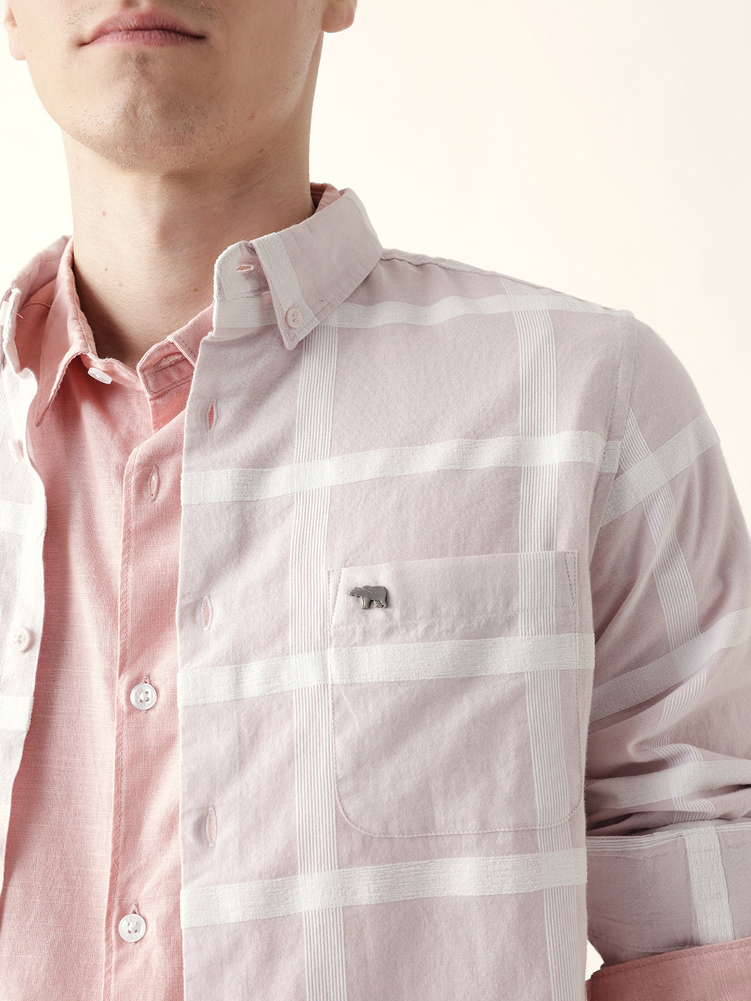 Light Pink Woven Windowpane Check Slim Fit Casual Shirt