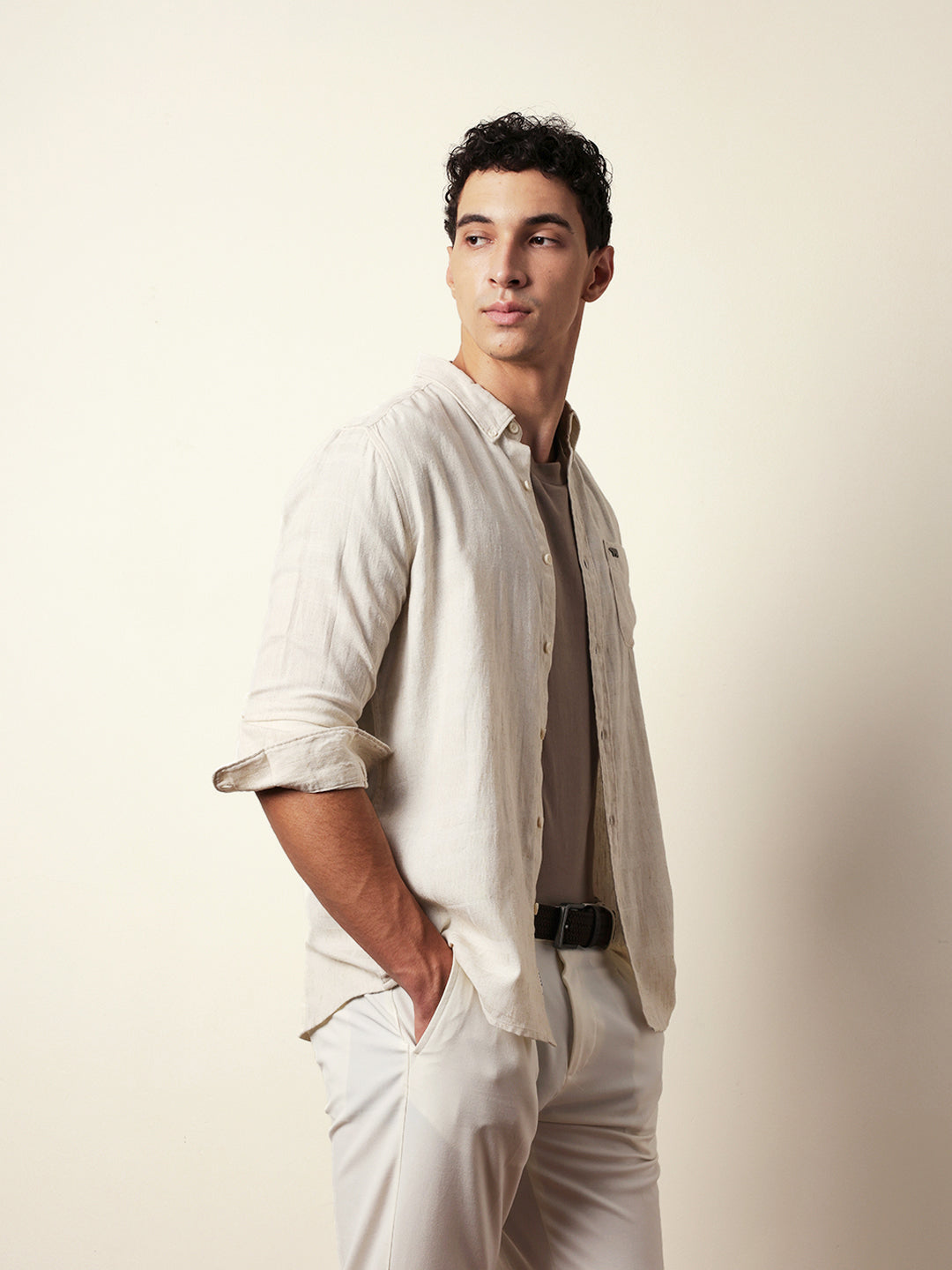 Cream Woven Checks Slim Fit Casual Shirt