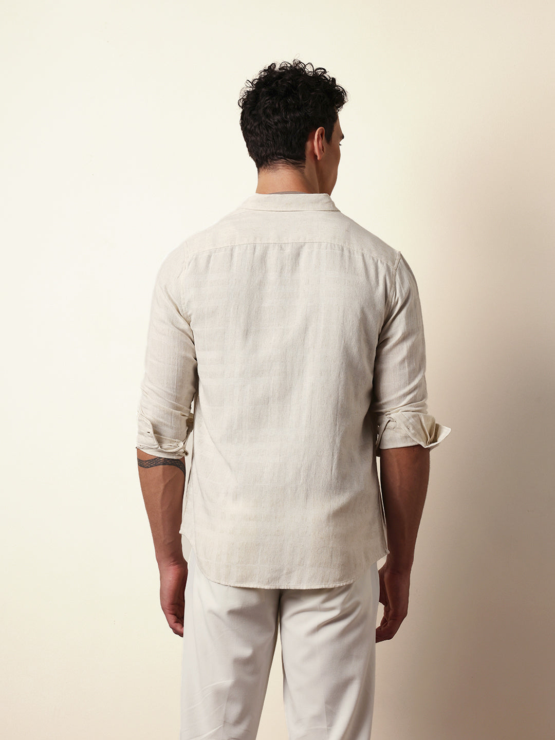 Cream Woven Checks Slim Fit Casual Shirt
