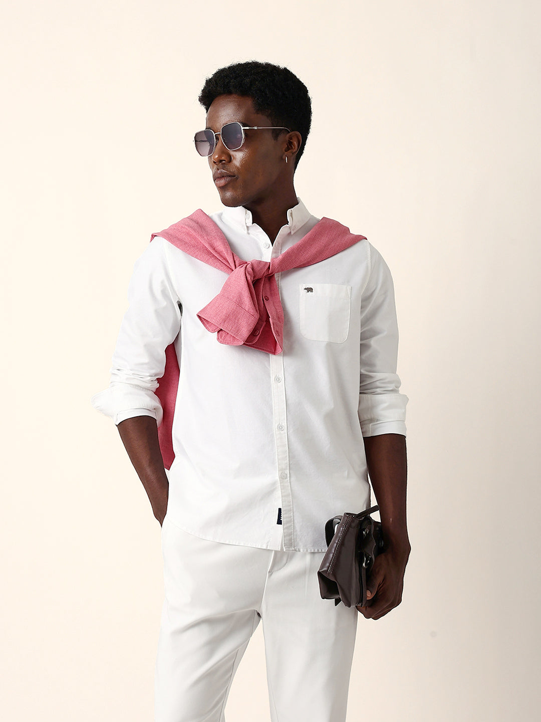 White Solid Slim-Fit Casual Shirt with Button-Down Collar