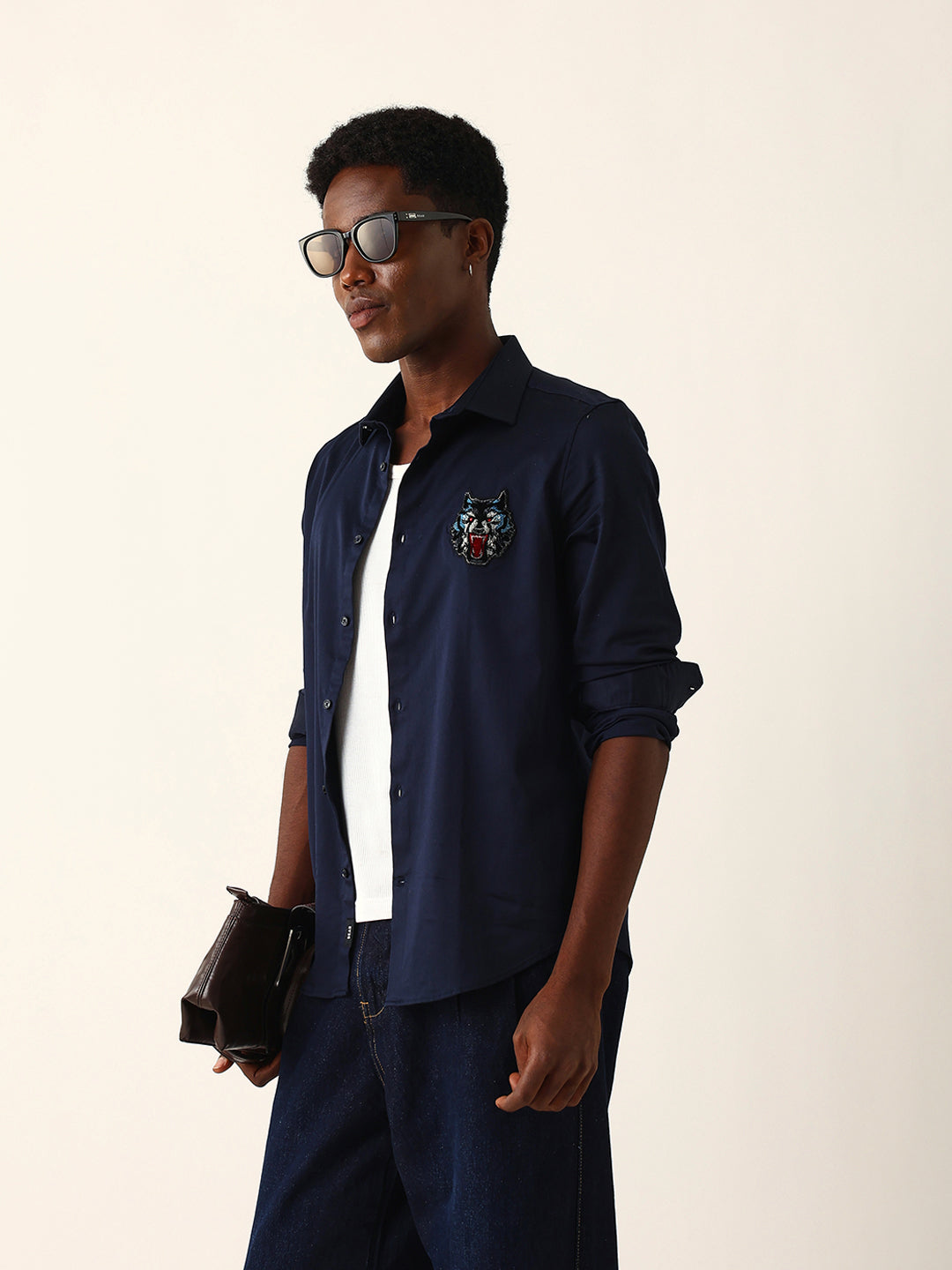 Navy Blue Tailored Fit Wolf Motif Embroidered Formal Party Wear Shirt