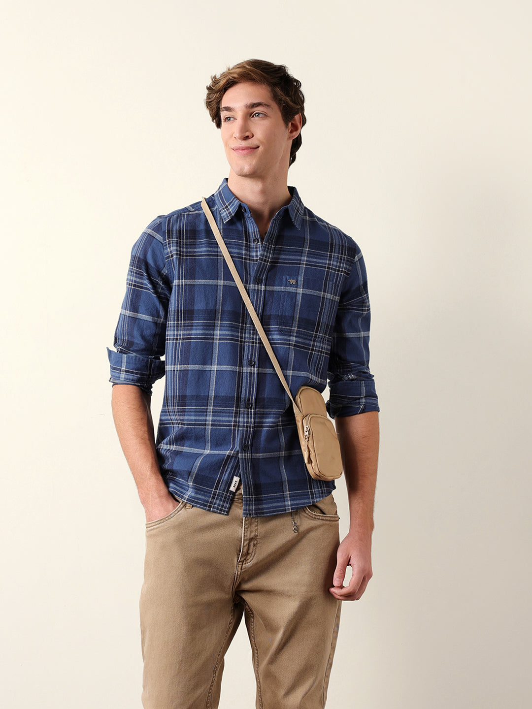 Blue Woven Check Regular Fit Flannel Casual Shirt