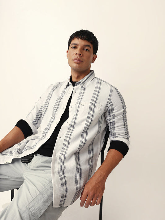 White Vertical Woven Stripe Slim Fit Casual Shirt