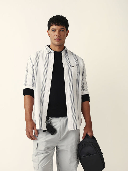 White Vertical Woven Stripe Slim Fit Casual Shirt