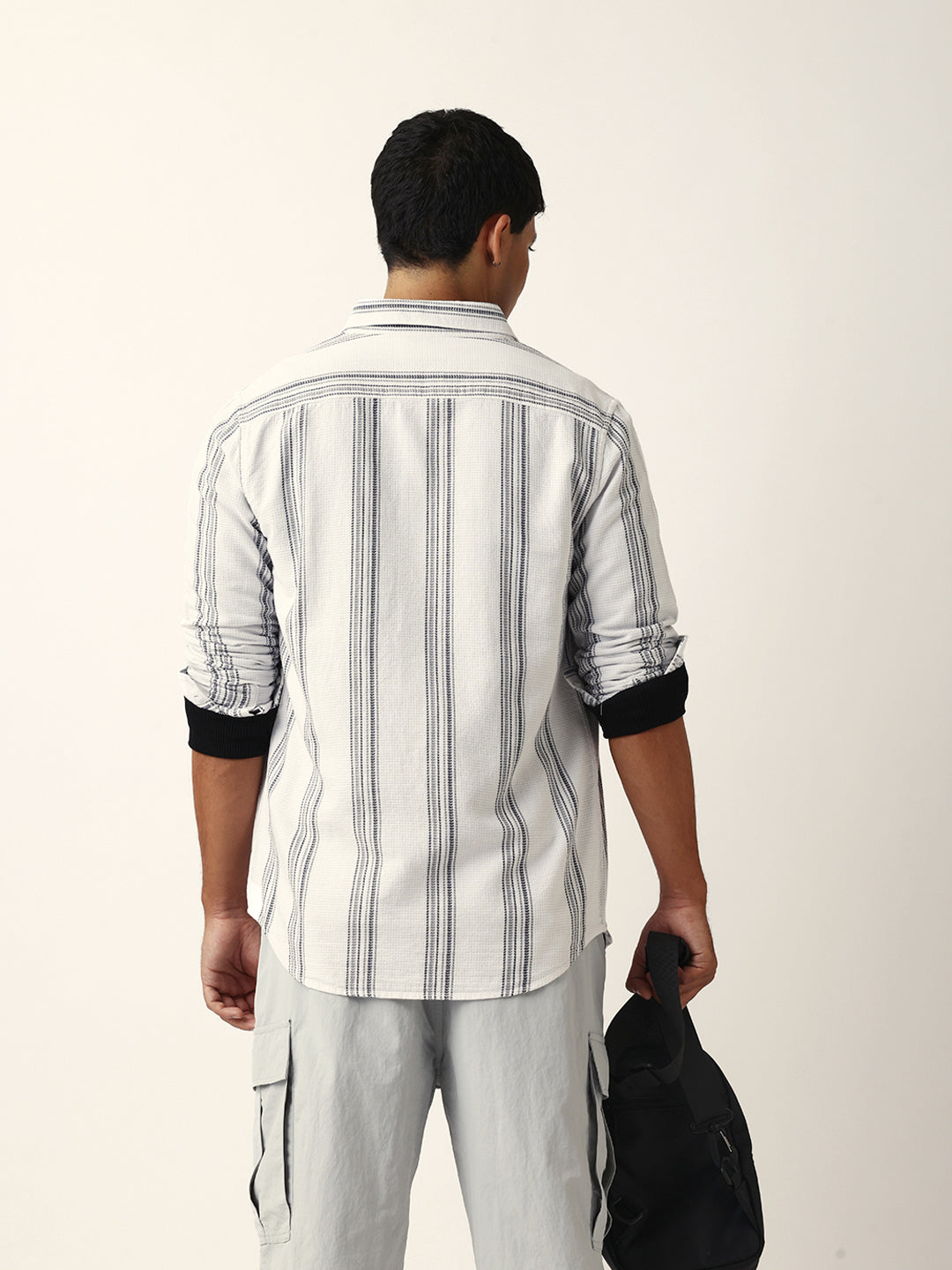 White Vertical Woven Stripe Slim Fit Casual Shirt