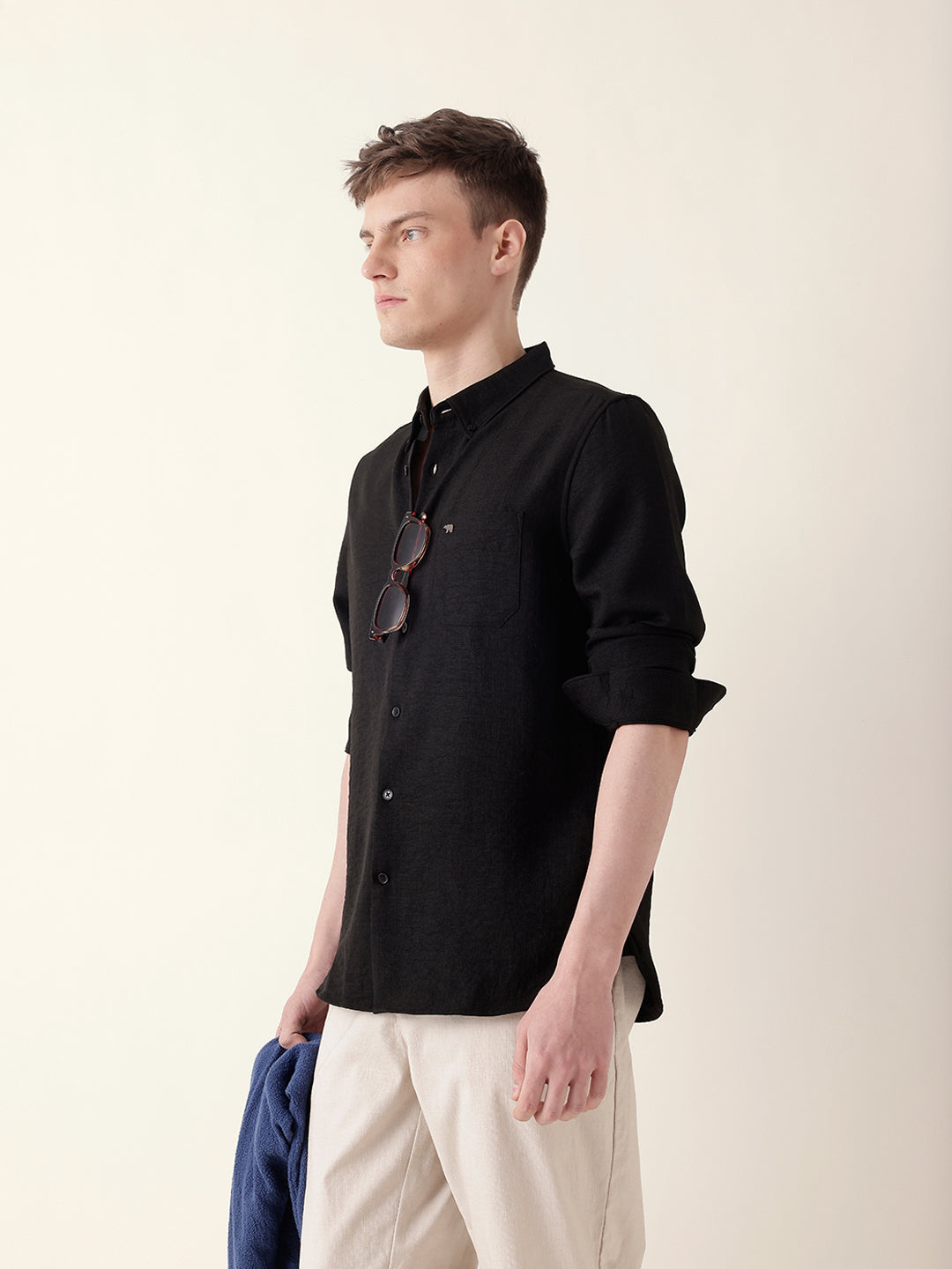 Black Slim Fit Casual Shirt with Woven Textured Design