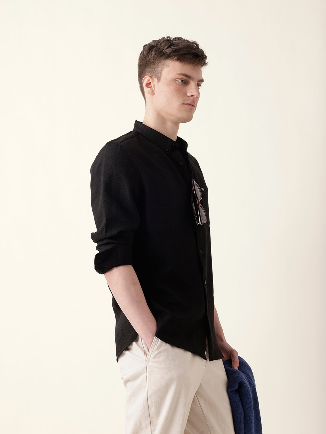 Black Slim Fit Casual Shirt with Woven Textured Design