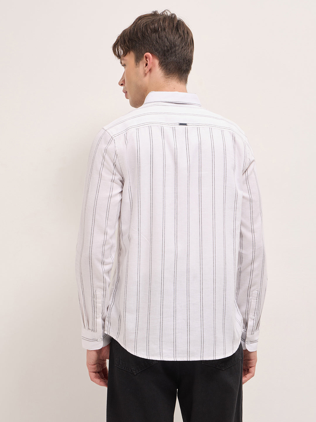 White Vertical Woven Stripe Slim Fit Casual Shirt