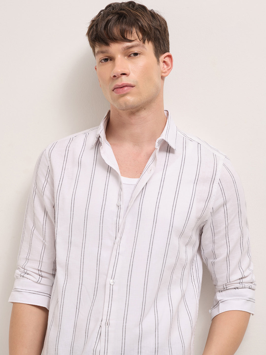 White Vertical Woven Stripe Slim Fit Casual Shirt