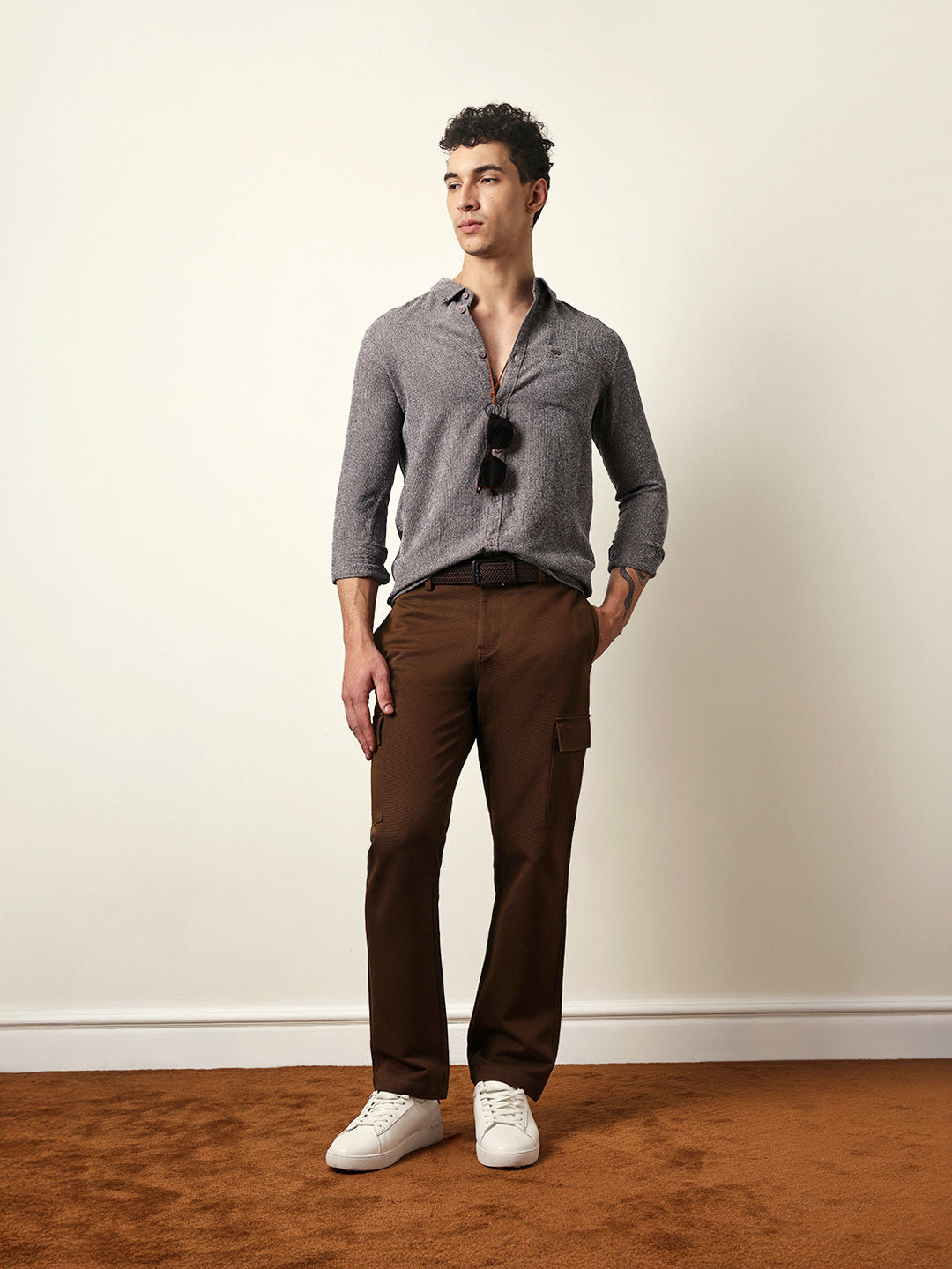 Grey Textured Woven Striped Slim Fit Casual Shirt