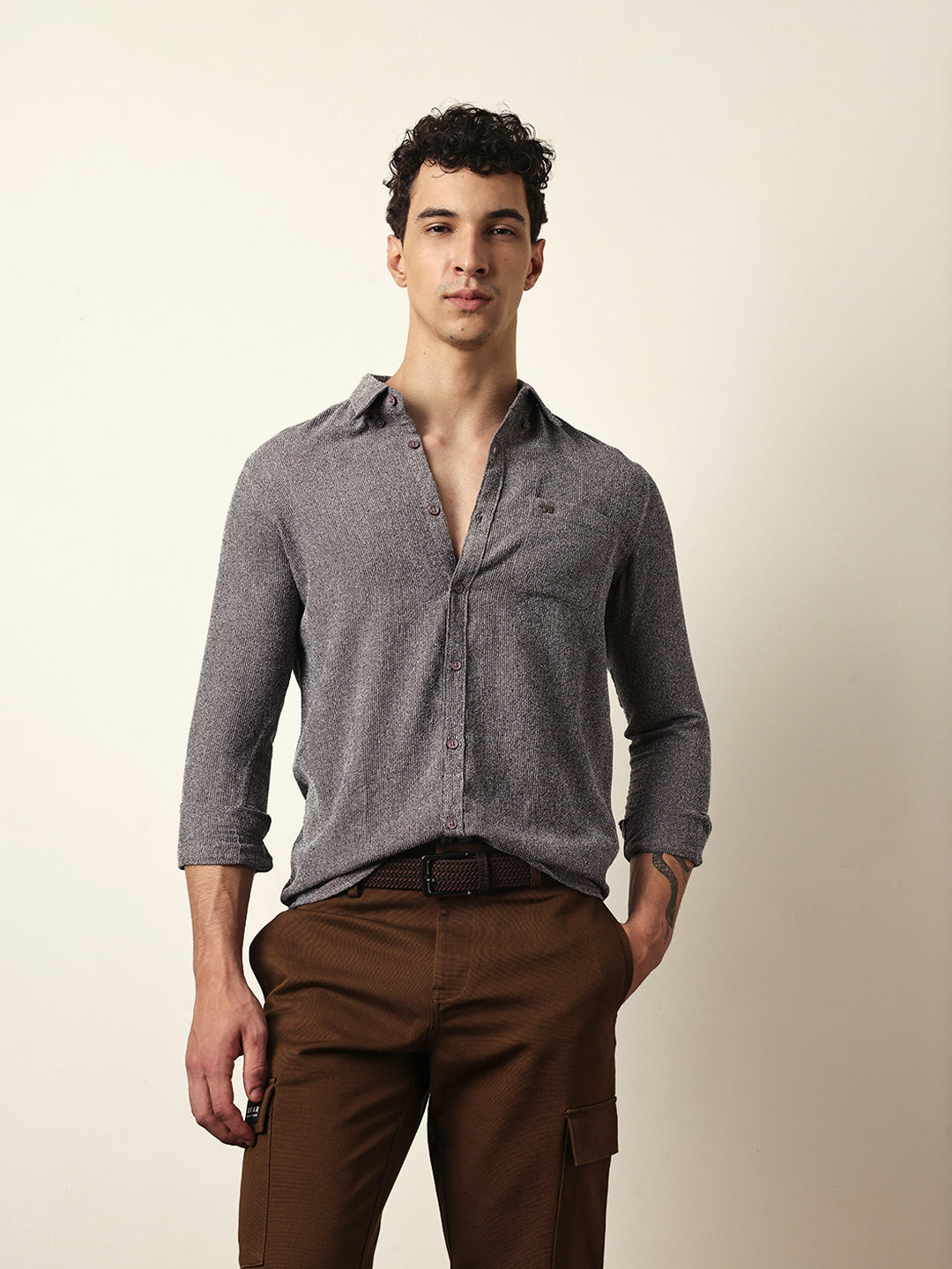 Grey Textured Woven Striped Slim Fit Casual Shirt