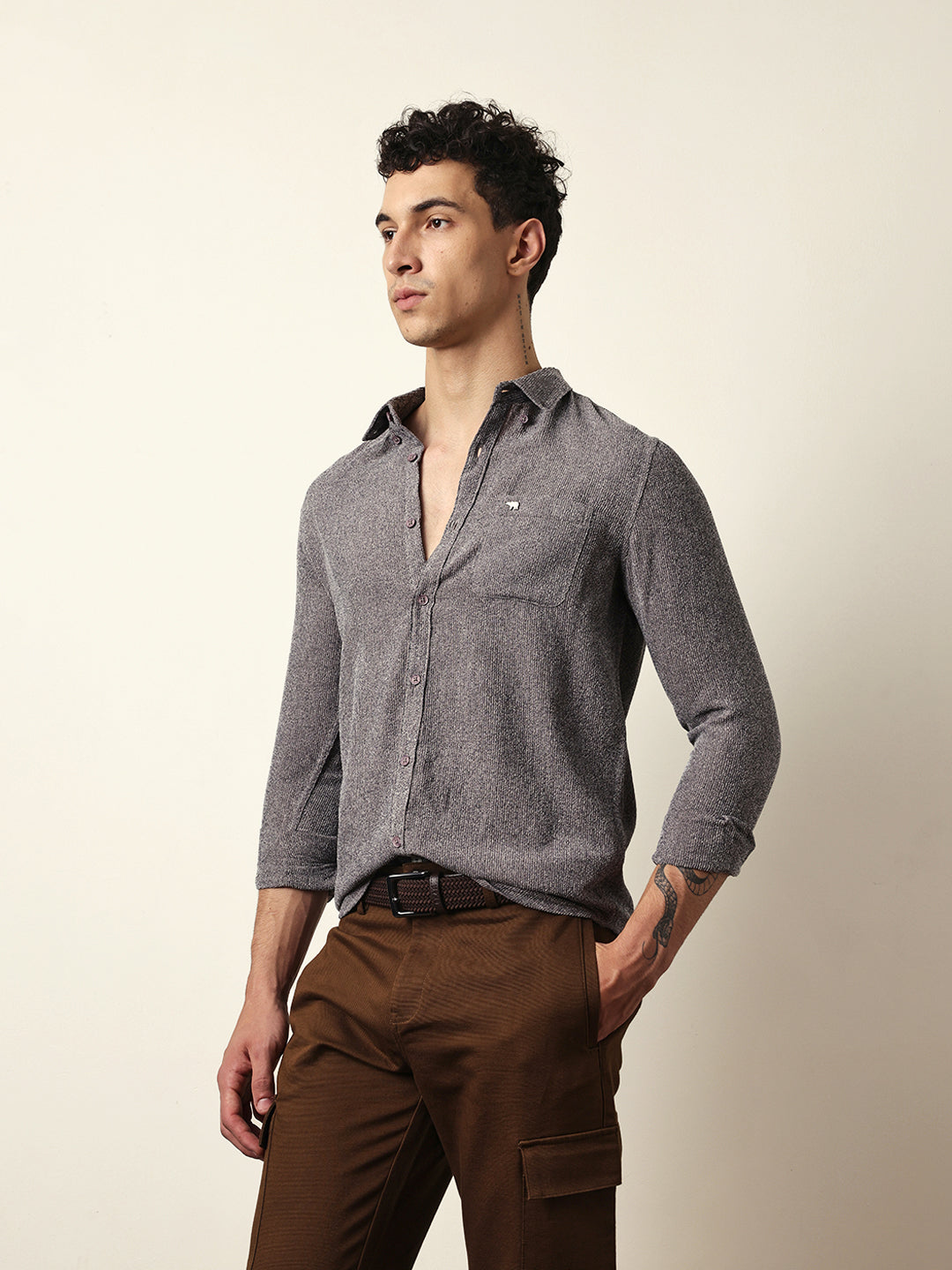 Grey Textured Woven Striped Slim Fit Casual Shirt