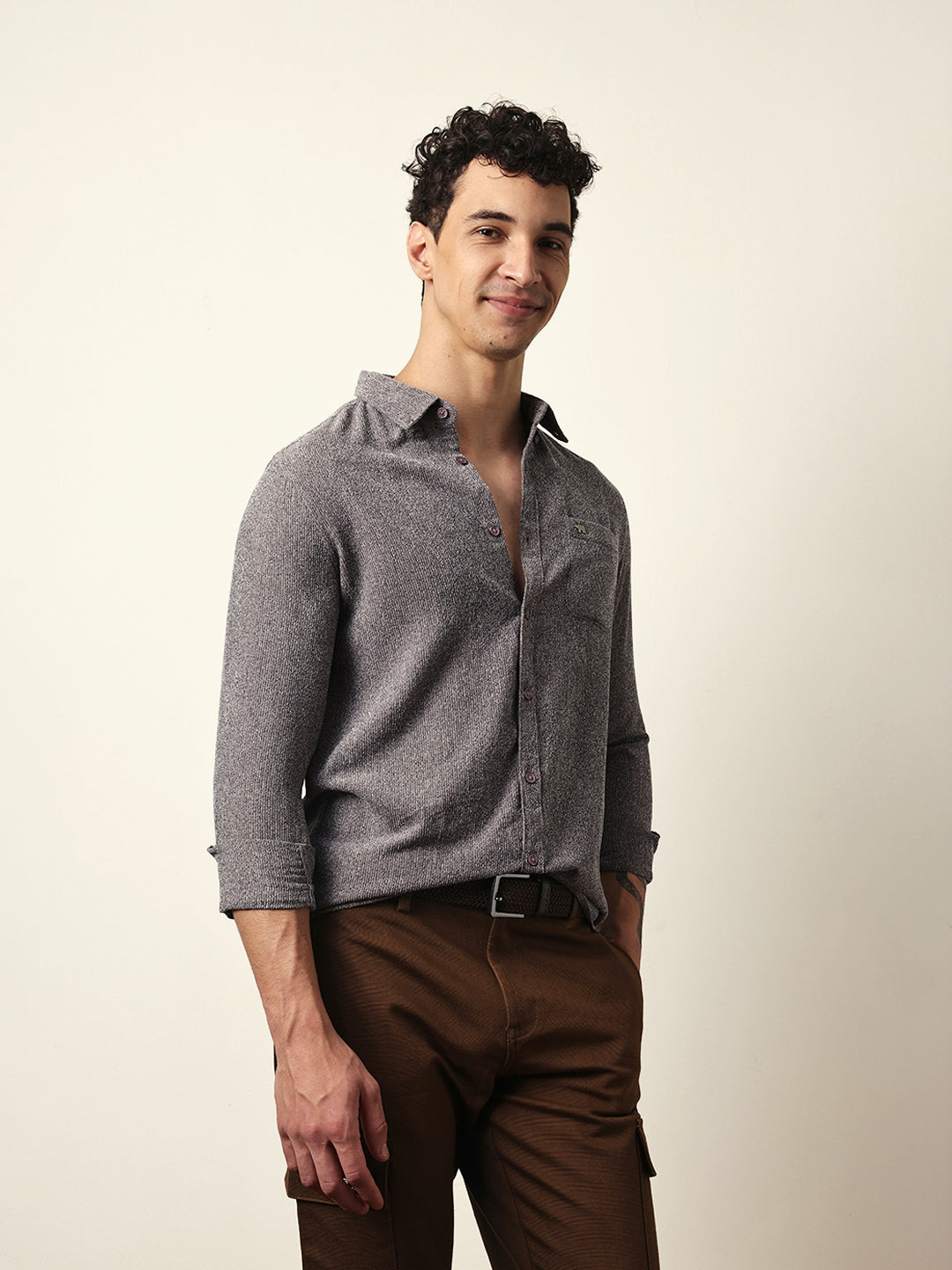 Grey Textured Woven Striped Slim Fit Casual Shirt