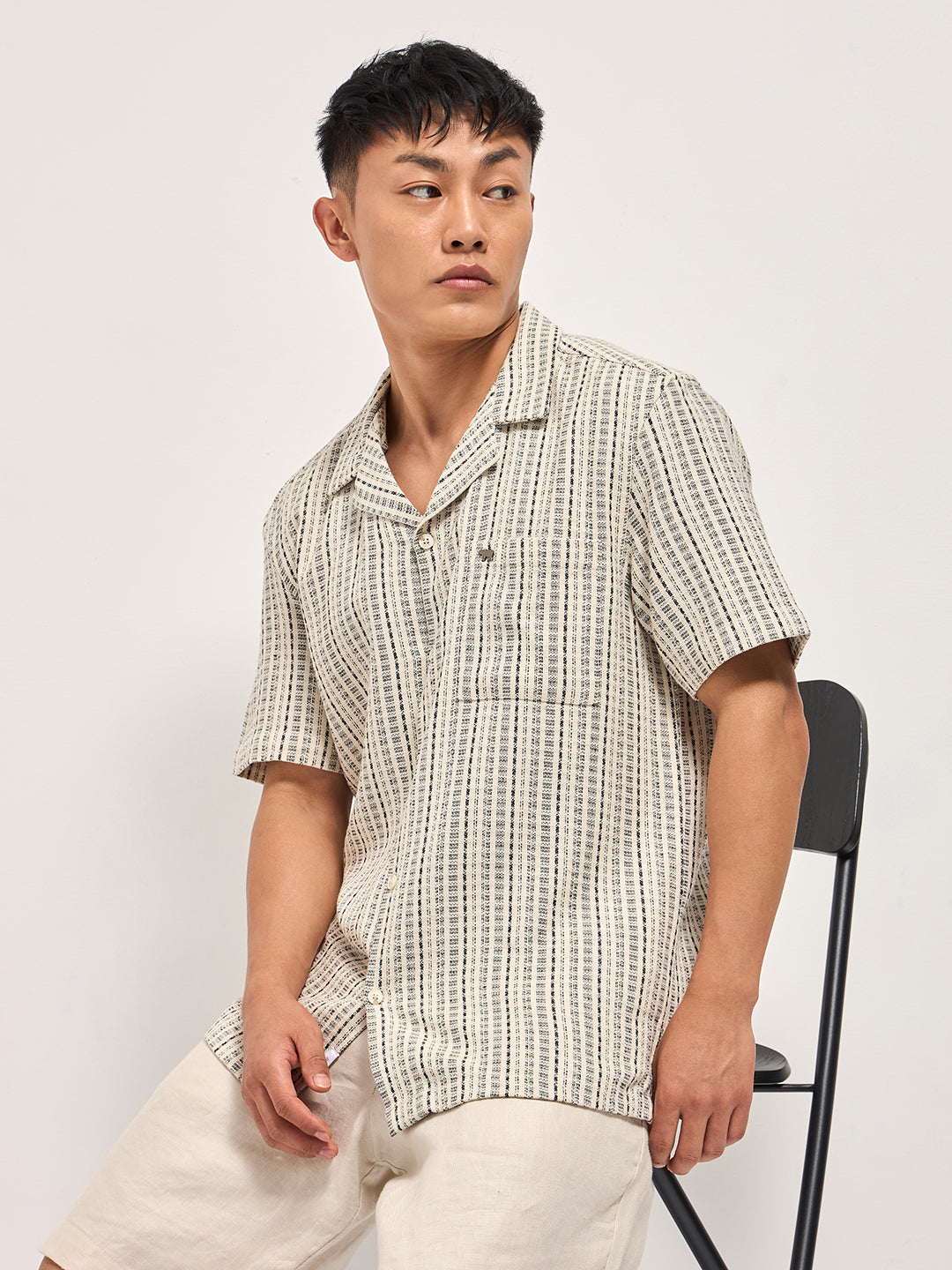 Cream Textured Striped Regular Fit Casual Shirt with a Cuban Collar