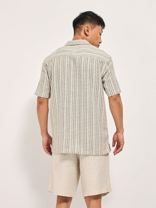 Cream Textured Striped Regular Fit Casual Shirt with a Cuban Collar