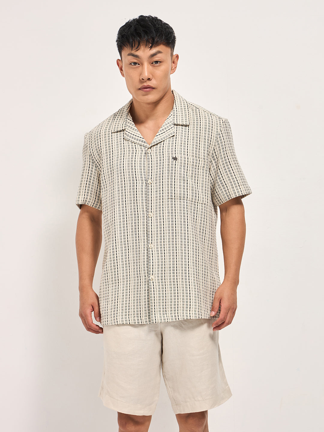 Cream Textured Striped Regular Fit Casual Shirt with a Cuban Collar
