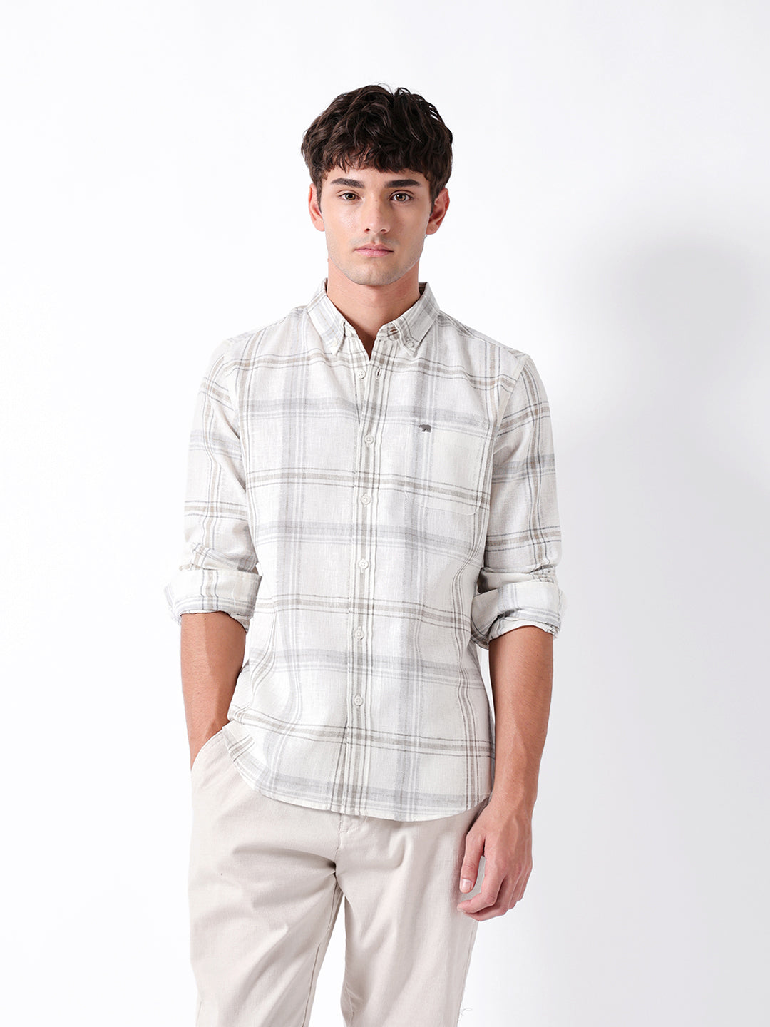 Cream Checked Woven Slim Fit Casual Shirt