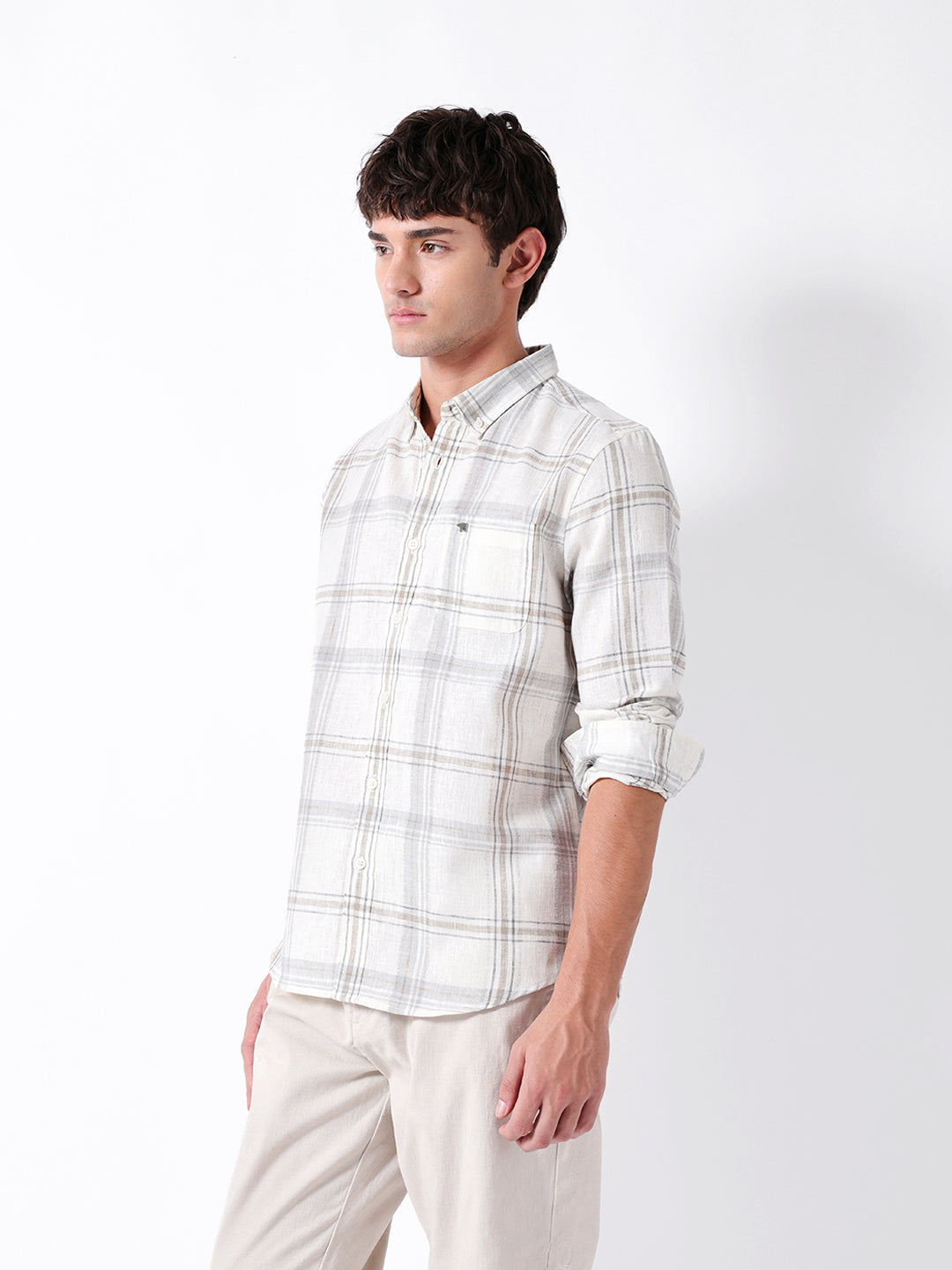 Cream Checked Woven Slim Fit Casual Shirt