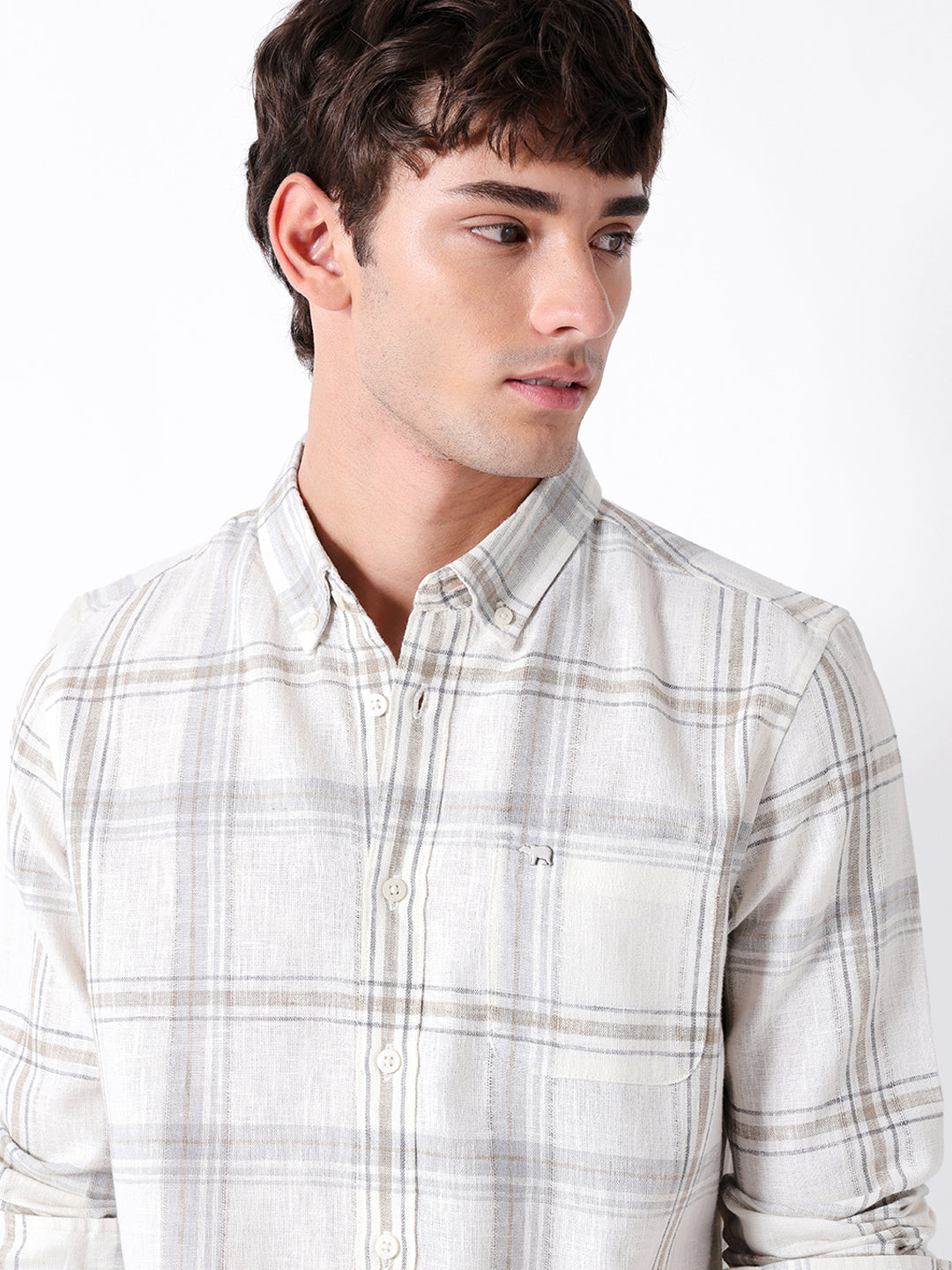 Cream Checked Woven Slim Fit Casual Shirt