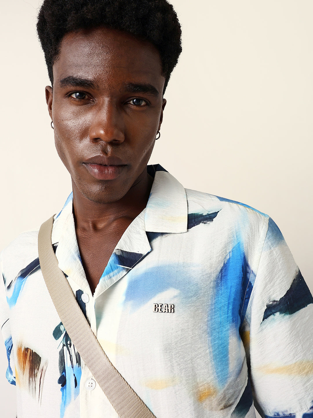White & Blue Abstract Watercolor Printed Relaxed Fit Short Sleeve Shirt
