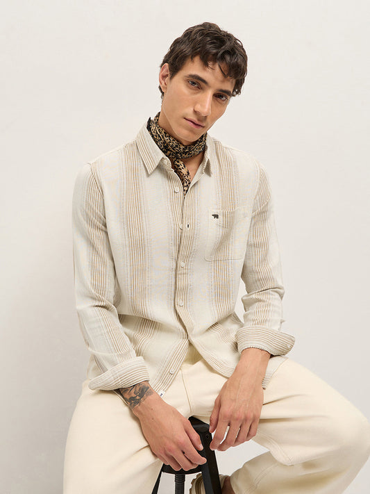 Cream Woven Vertical Stripes Slim Fit Casual Shirt