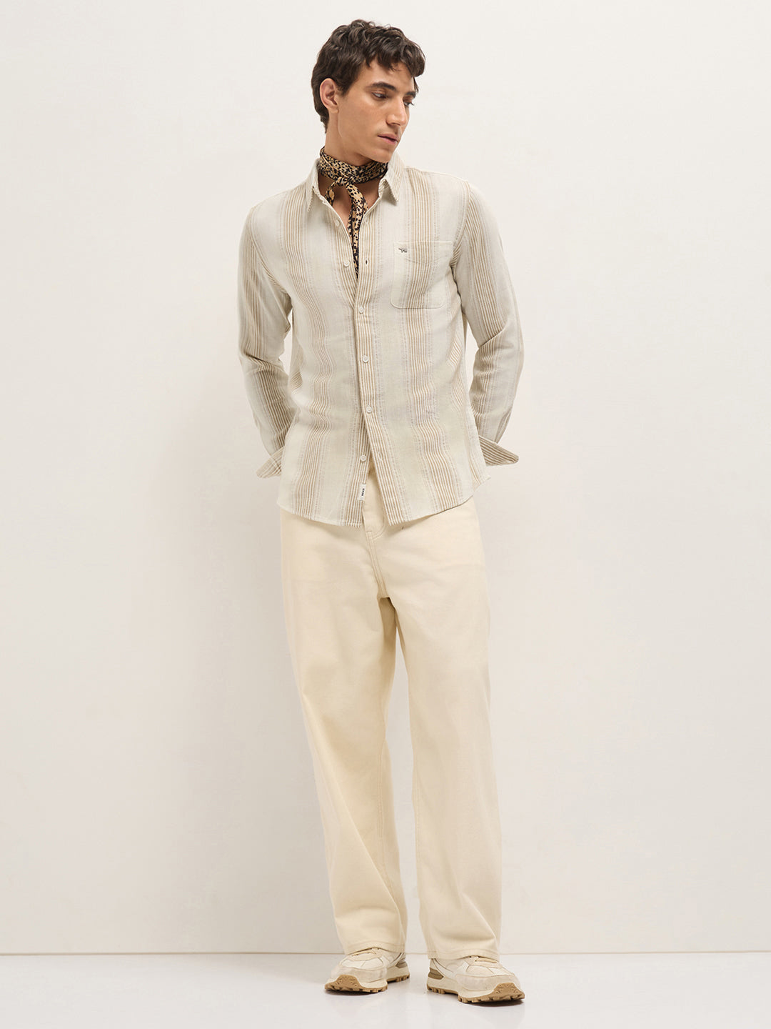 Cream Woven Vertical Stripes Slim Fit Casual Shirt