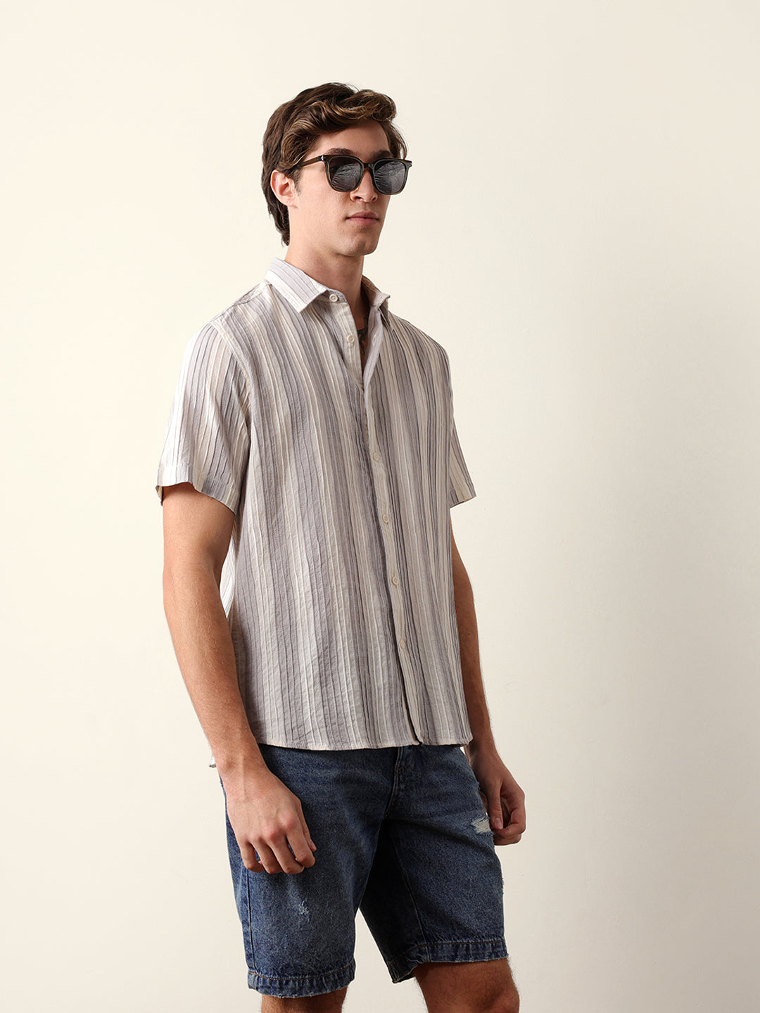 Grey & Cream Vertical Striped Regular Fit Half Sleeve Shirt