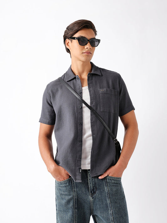 Dark Grey Textured Weave Regular Fit Half-Sleeve Casual Shirt