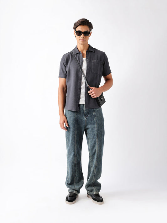 Dark Grey Textured Weave Regular Fit Half-Sleeve Casual Shirt