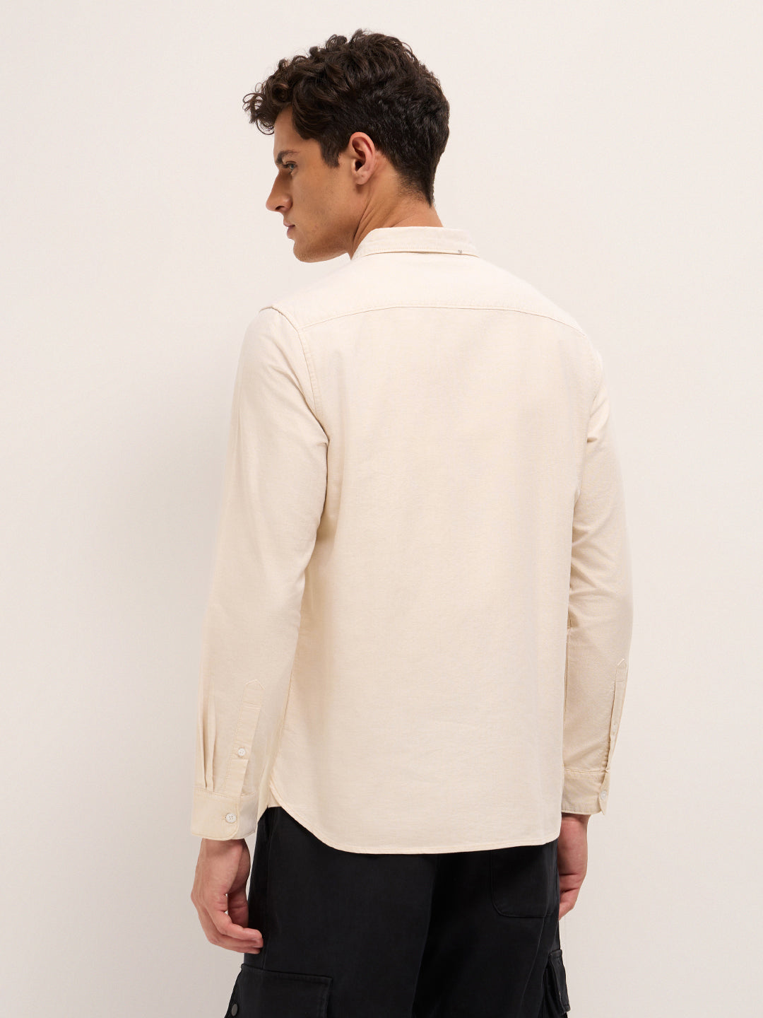 Beige Solid Slim Fit Cotton Casual Shirt