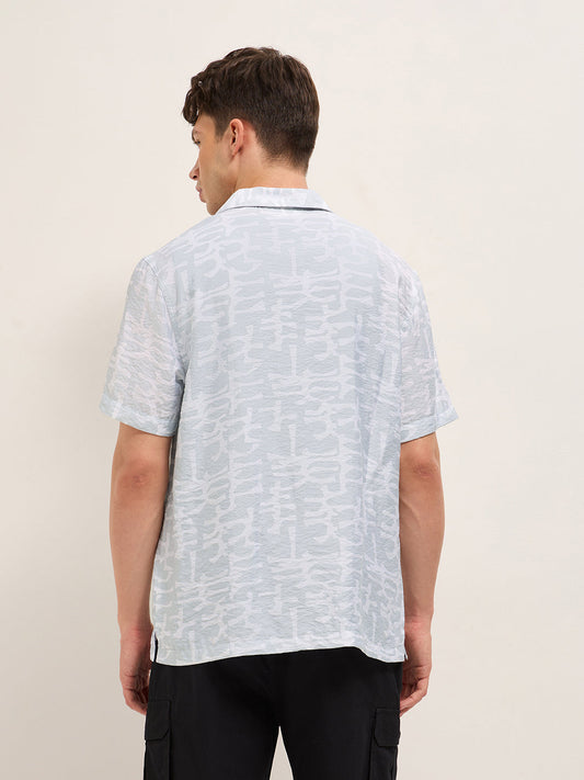 Grey Abstract Brush Stroke Print Relaxed Fit Cuban Collar Shirt