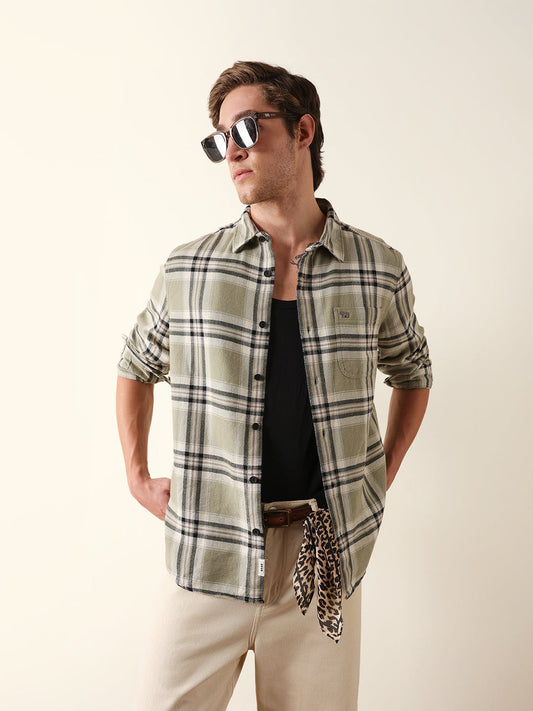 Green Regular Fit Checked Flannel Casual Shirt