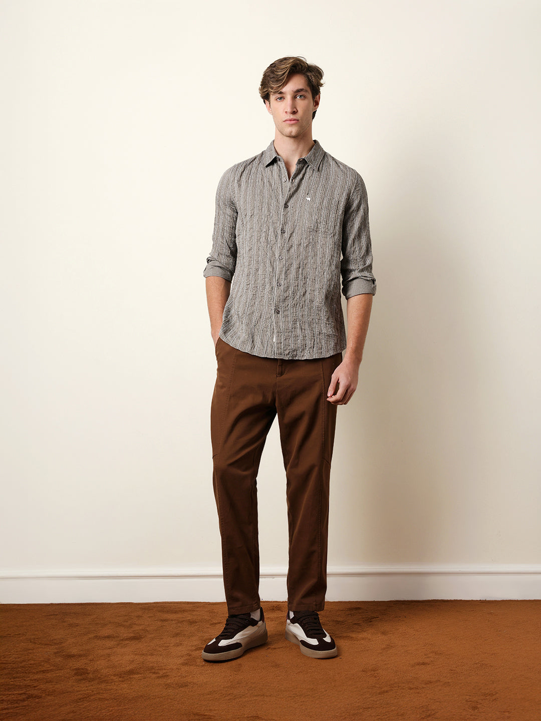 Grey Vertical Seersucker Pinstripe Slim Fit Casual Shirt