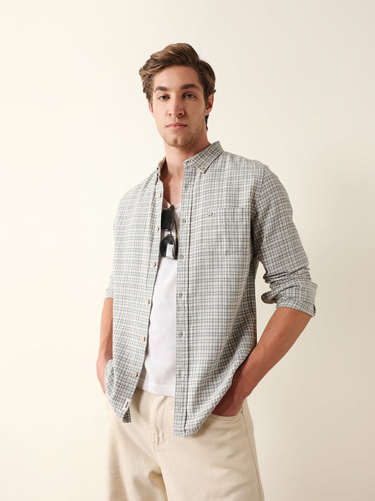 Green Woven Micro Check Slim Fit Casual Shirt