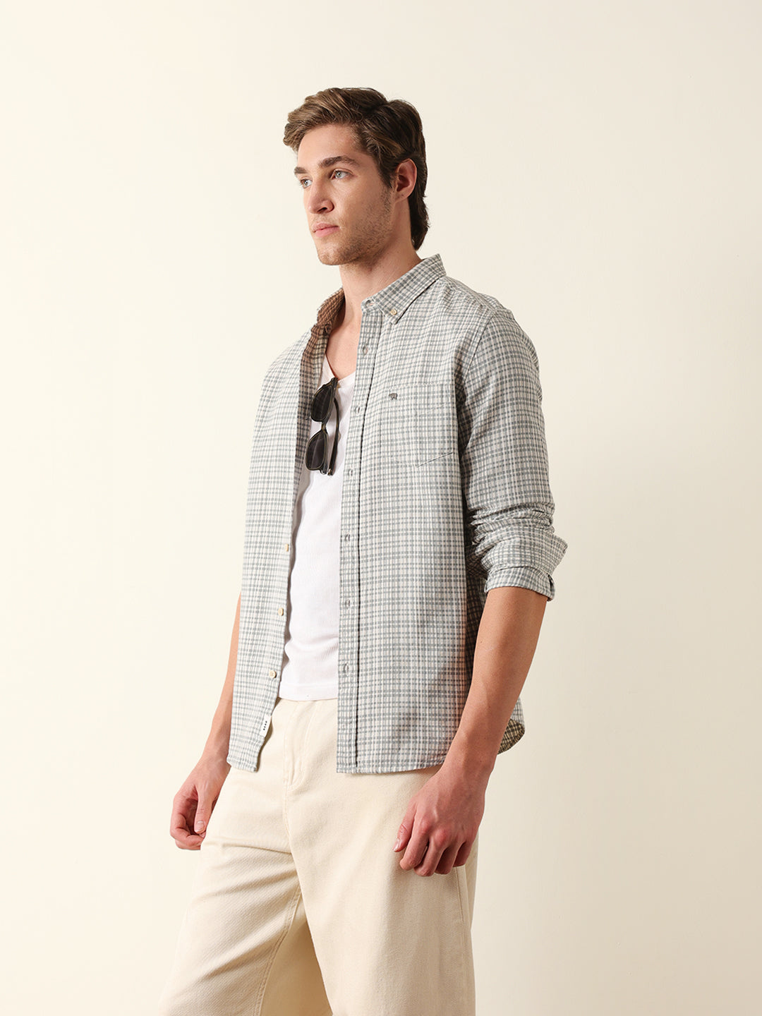 Green Woven Micro Check Slim Fit Casual Shirt