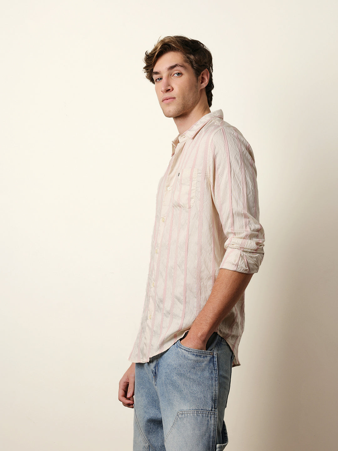 Pink & Cream Seersucker Vertical Pinstripe Slim Fit Casual Shirt