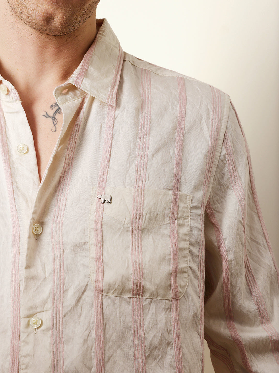Pink & Cream Seersucker Vertical Pinstripe Slim Fit Casual Shirt