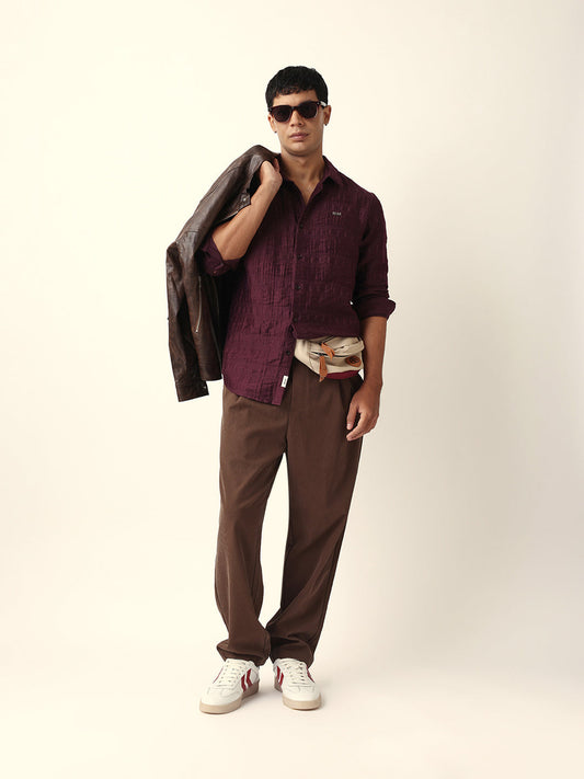 Maroon Textured Woven Self-Design Slim Fit Casual Shirt
