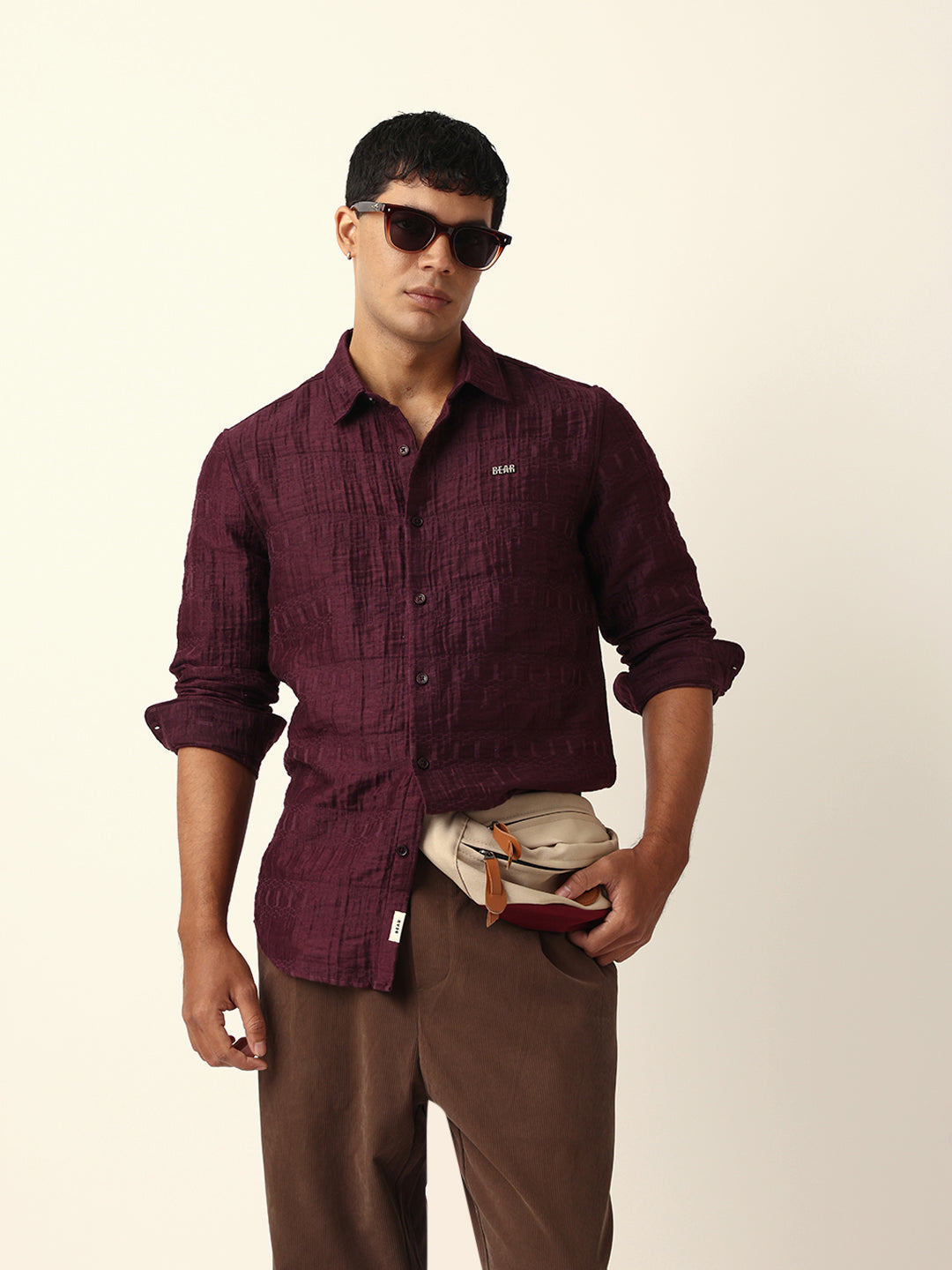 Maroon Textured Woven Self-Design Slim Fit Casual Shirt