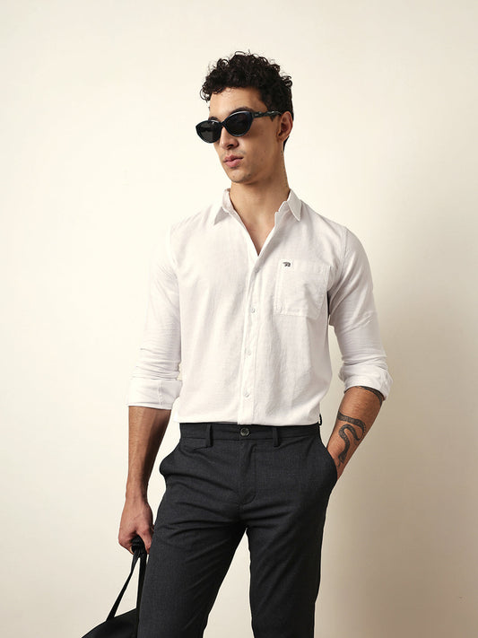 White Slim Fit Woven Textured Solid Casual Shirt