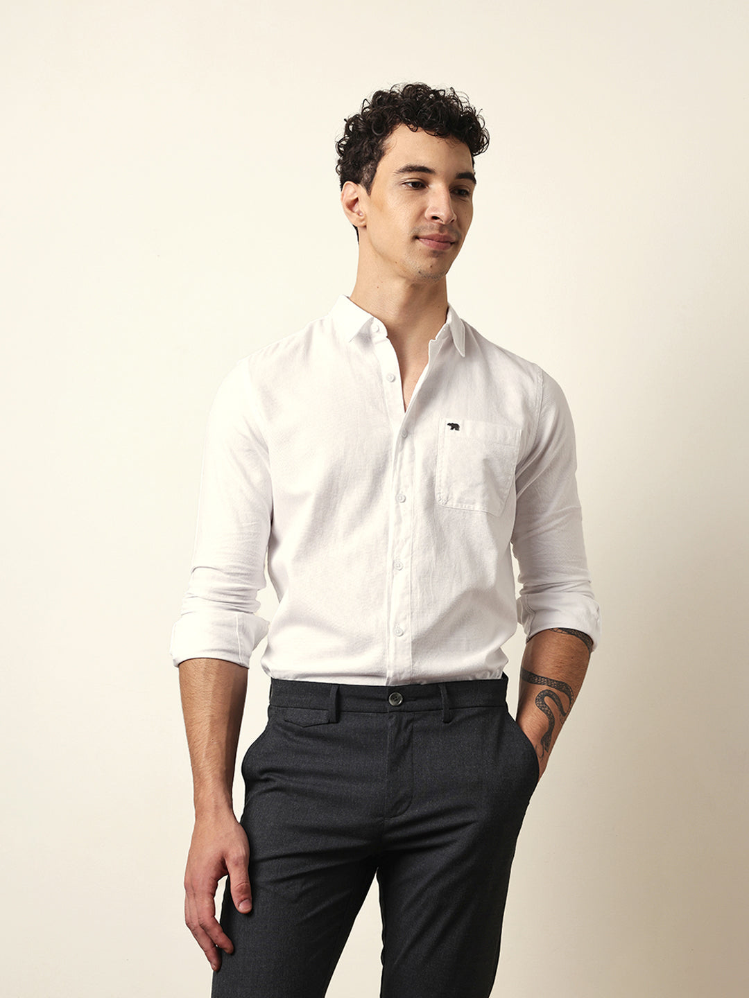White Slim Fit Woven Textured Solid Casual Shirt