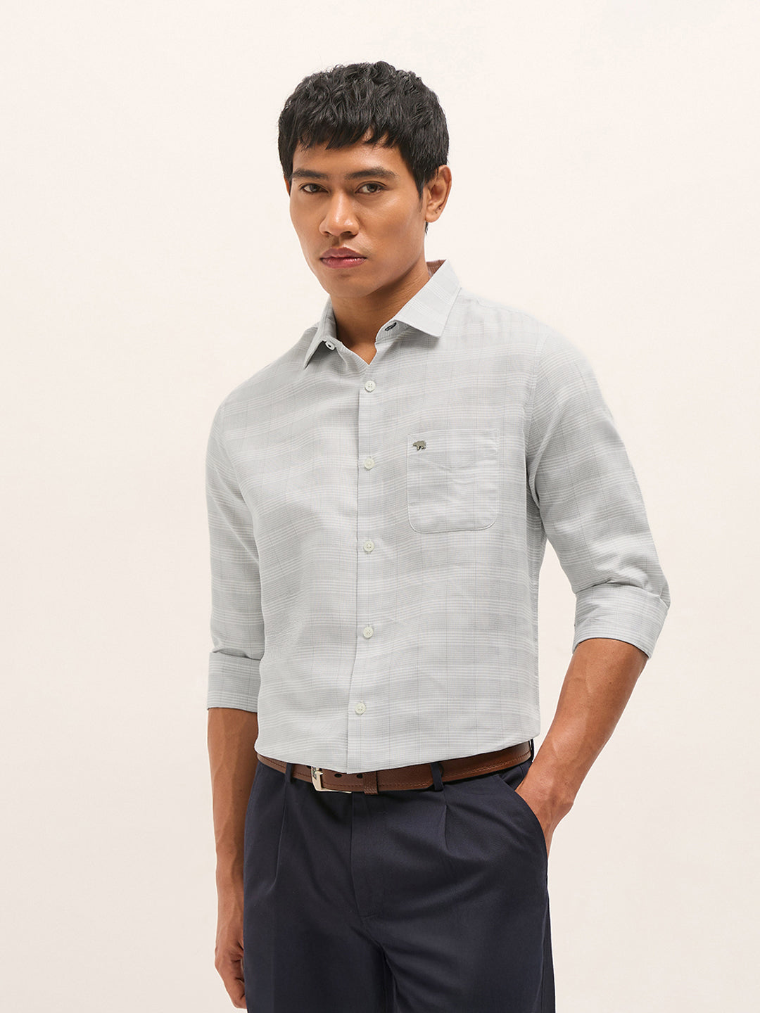 Grey Woven Checked Design Tailored Fit Formal Shirt