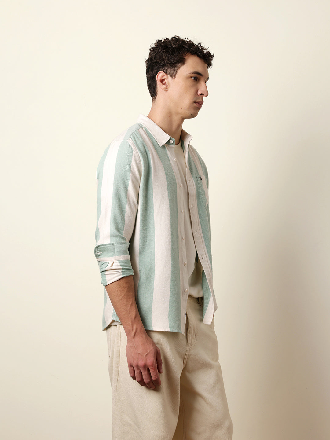 Green & Cream Woven Striped Flannel Regular Fit Casual Shirt