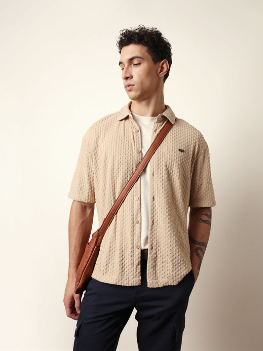 Cream Textured Woven Oversized Fit Half Sleeve Casual Shirt