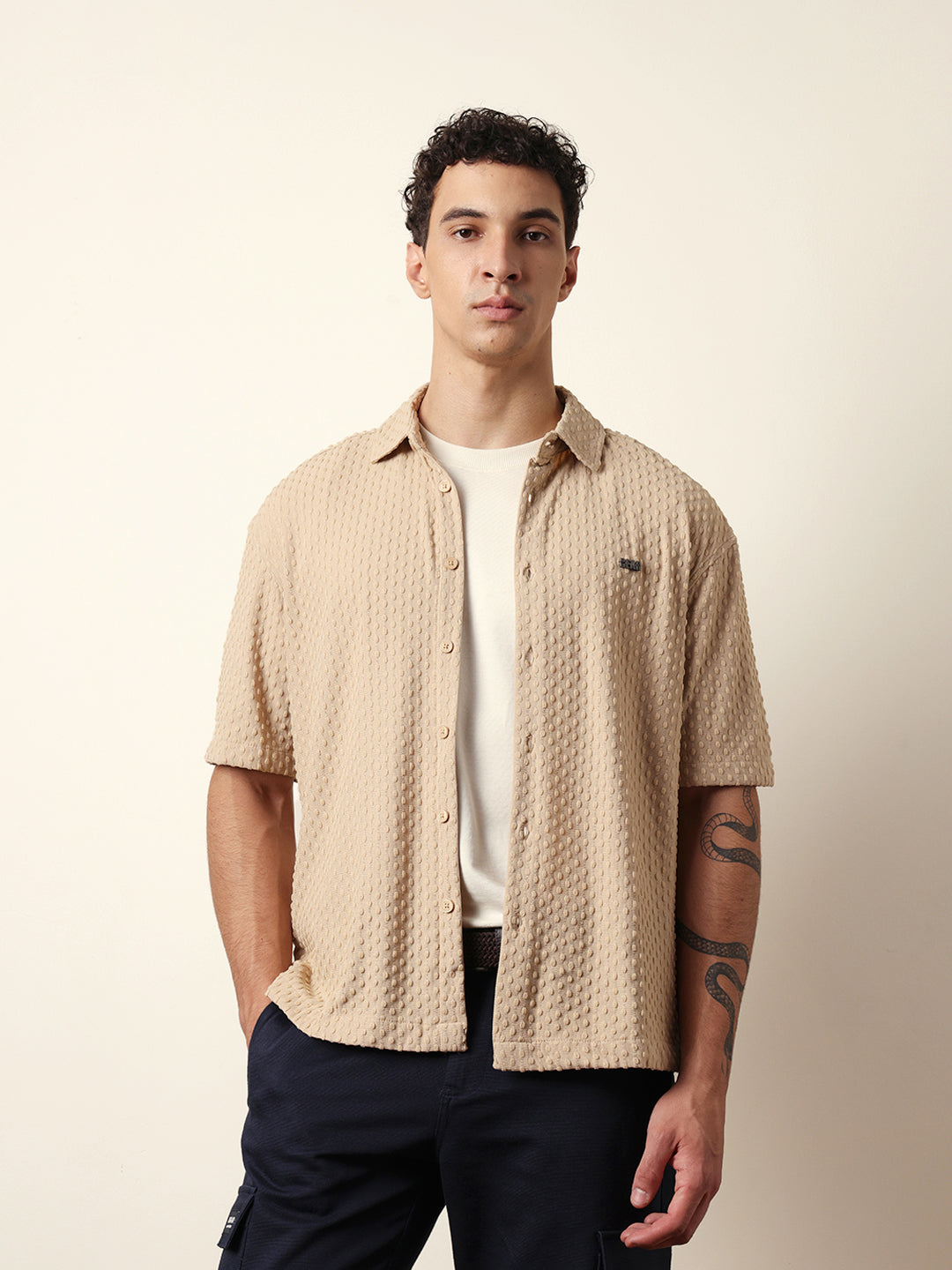 Cream Textured Woven Oversized Fit Half Sleeve Casual Shirt