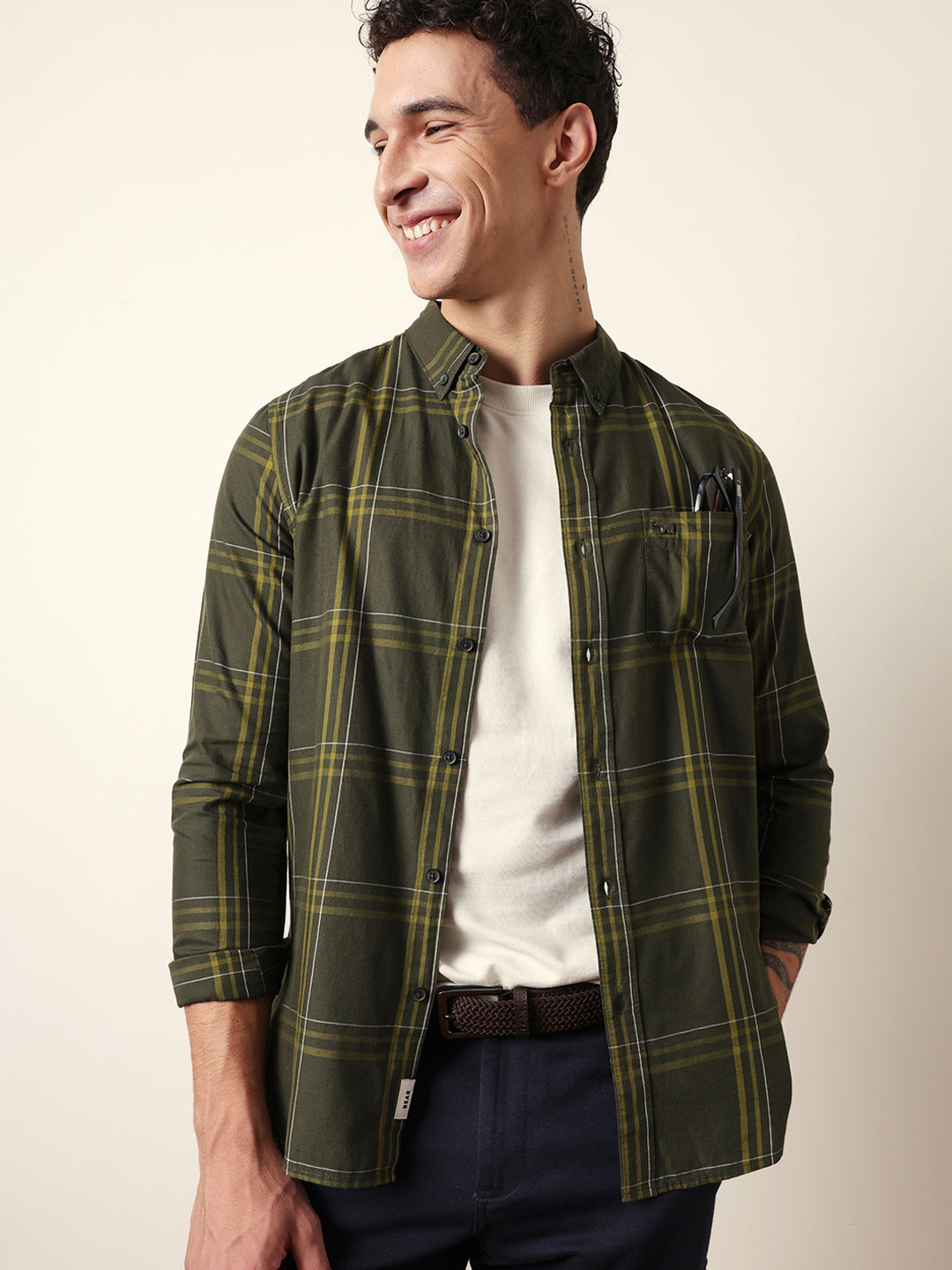 Olive Woven Tartan Checked Slim Fit Casual Shirt